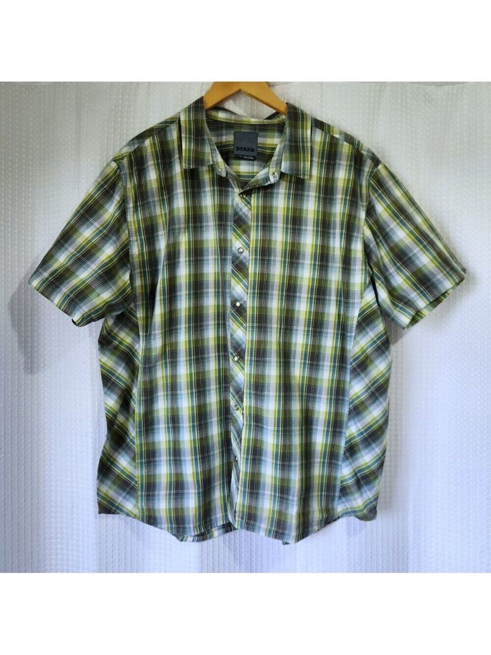 Prana Men XL Short Sleeve Pearl Snap Button Shirt Green Plaid Cotton